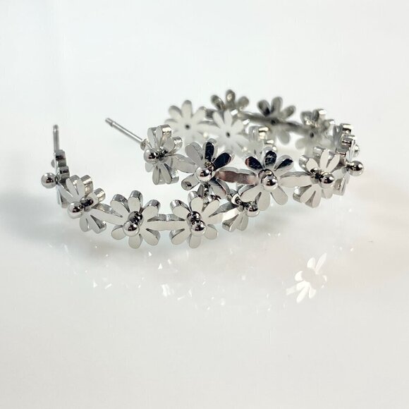 Daisy Chain Flower Stainless Steel Hoop Earrings - Picture 8 of 11